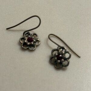 Dainty Oxidized Silver Flower Earrings with Ruby Gemstone Centre